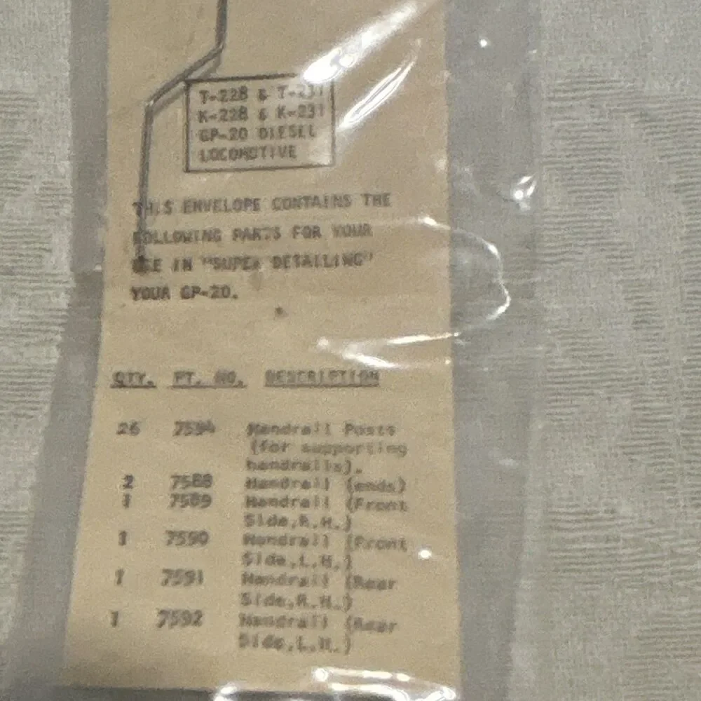 Vintage Tyco Mantua HO GP20 Diesel Locomotive Handrail Detailing Set NOS T-228